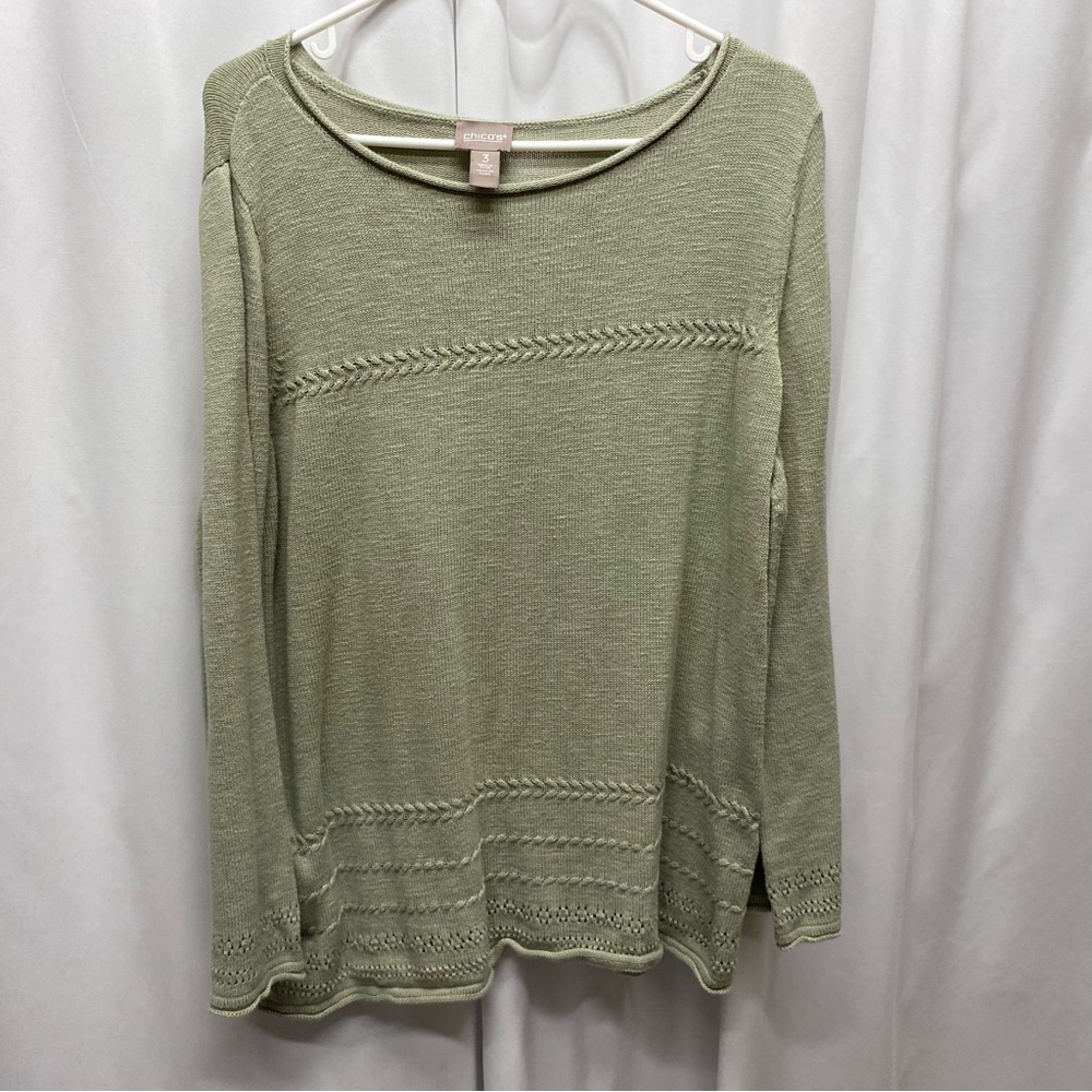 Chico's sweater women's size Xl 3 sage green crochet modest boho casual
